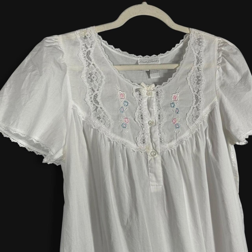 Vintage Miss Elaine White Cotton Nightgown Lace Trim Floral Embroidered Womens S - Picture 2 of 6